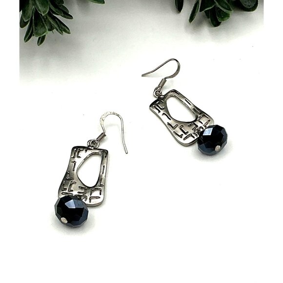 Silver Tone Geometric Drop Earrings With Black Faceted Beads - Picture 1 of 7